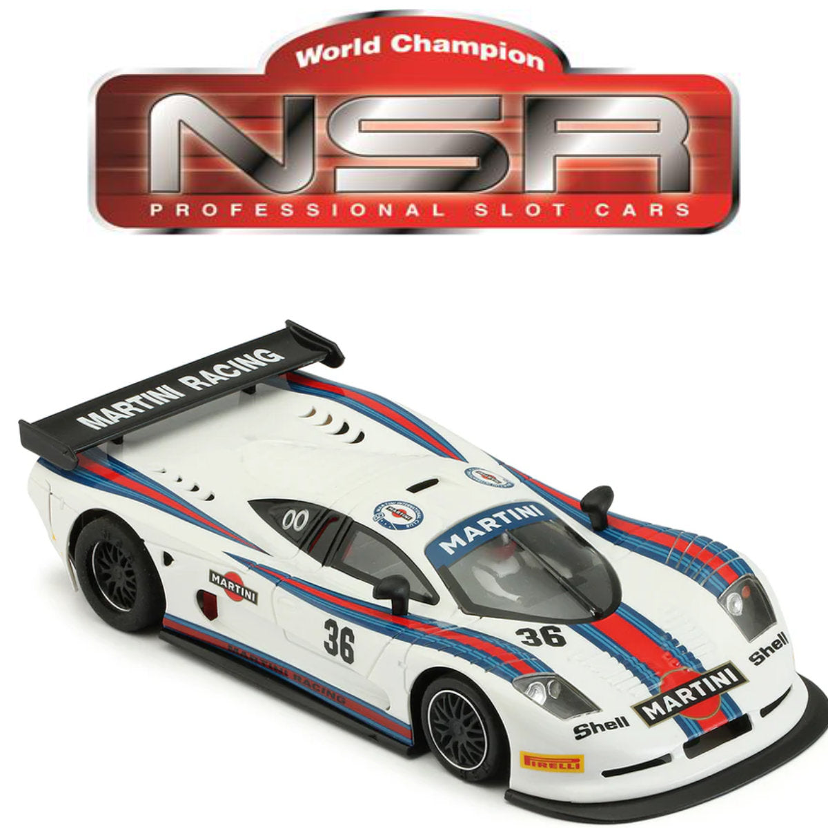 NSR Mosler MT900R Martini Racing White EVO5 Anglewinder 1/32 Slot Car 0150