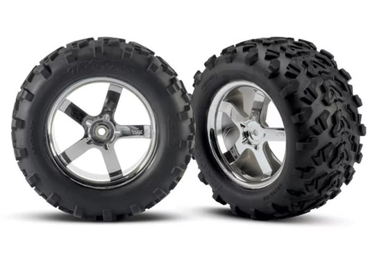 Traxxas 4973R 2pc Pre-Mounted 3.8" Tire w/Chrome Hurricane Wheels: T-Maxx