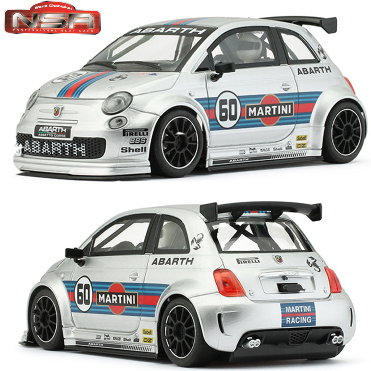 NSR Fiat Abarth 500 Martini Silver 1/32 Slot Car 0260 Sidewinder 0260SW