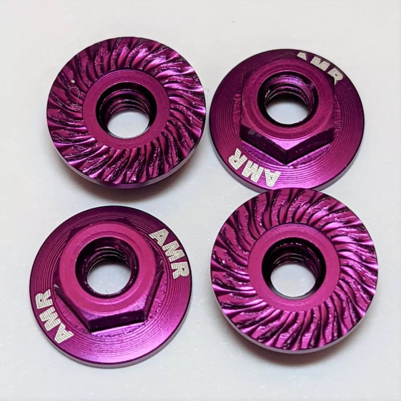 Kyosho AMR-025P M4 Alum Serrated Flange 4mm Wheel Nuts Purp (4)