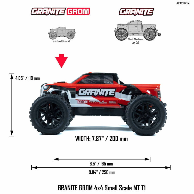 Arrma ARA2102T2 Granite Grom MEGA 4WD 380 Brushed 1/18 Monster Truck RTR Red - PowerHobby