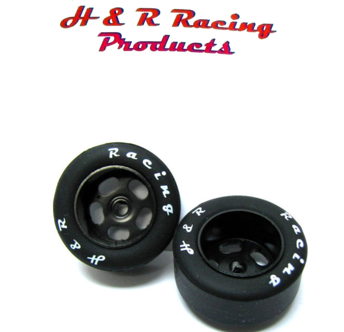 H&R Racing HR1306 Front Silicone Tires 27x12 Black Wheels 1/24 Slot Car 1/8 Axle