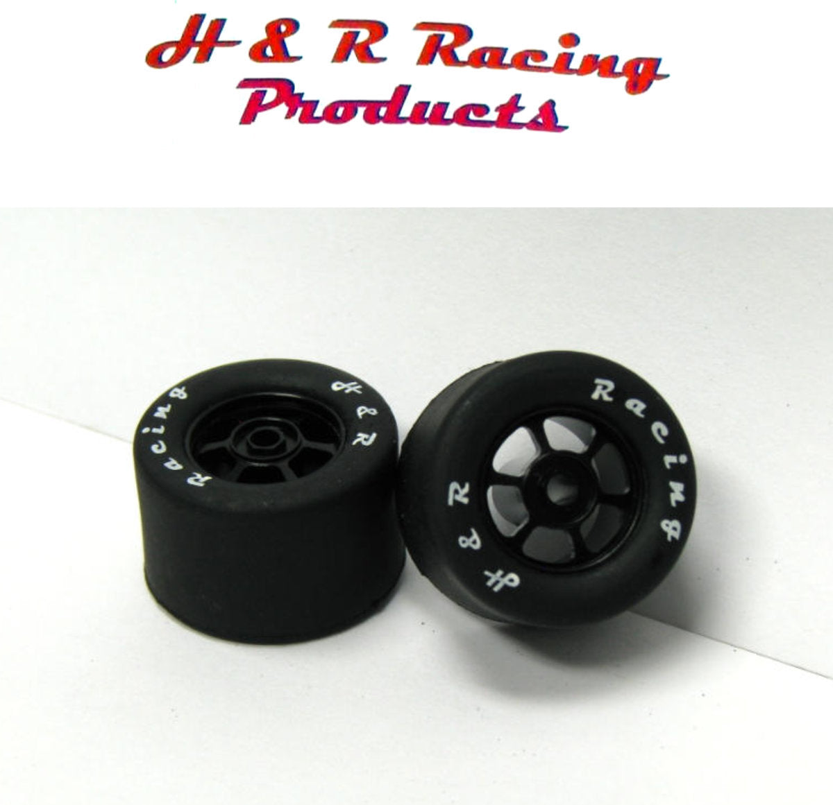 H&R Racing HR1357 Rear Rubber Tires 27x18 6 Spoke Wheels 1/24 Slot Car 1/8 Axle