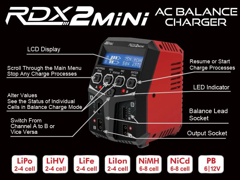 Hitec 44299 RDX2 Mini 100 Watt Dual Port AC Balance Charger