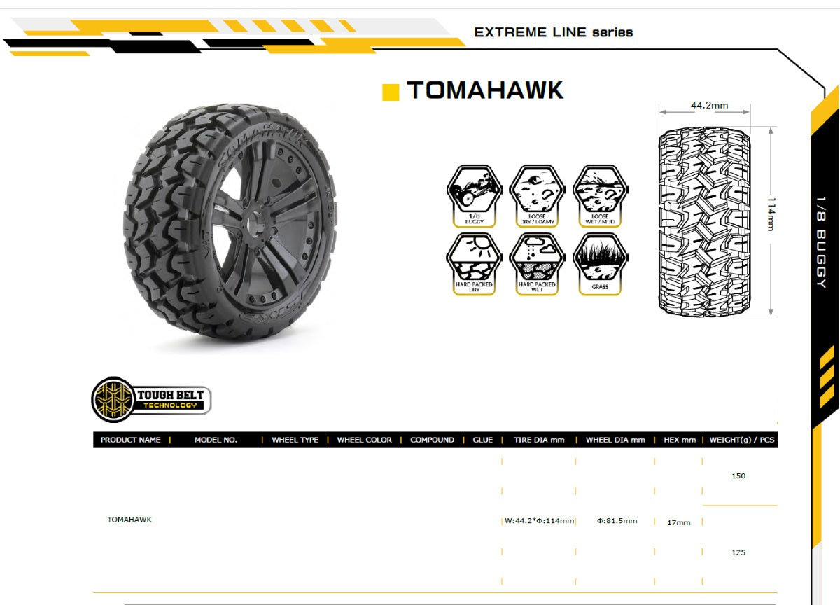 Powerhobby 1/8 Buggy Tomahawk Tires Mounted 17MM Claw Wheels - PowerHobby