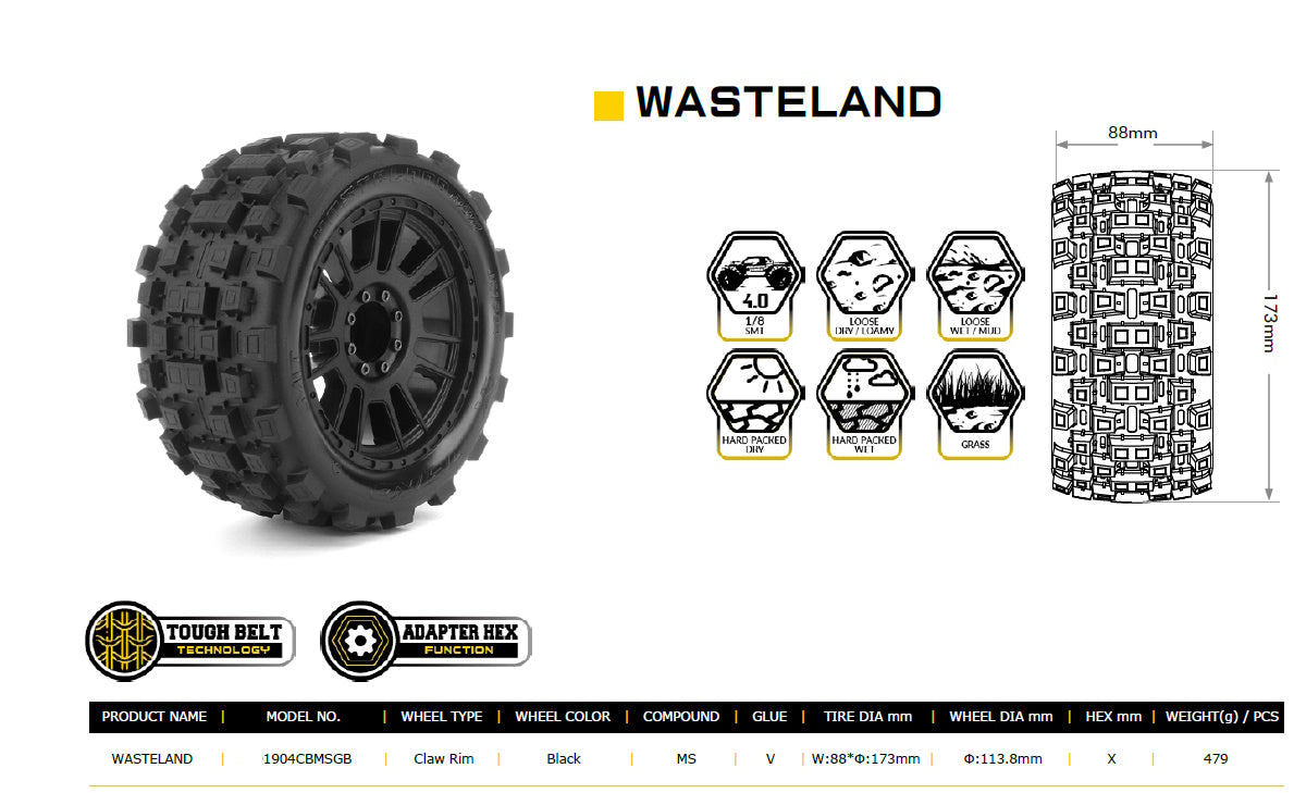 Powerhobby 1/8 SMT 4.0 Wasteland Belted Mounted Tires (2) 17MM - PowerHobby