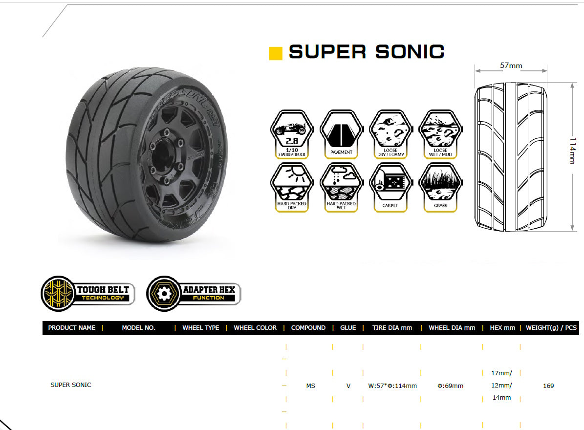 Powerhobby 1/10 2.8 ST Super Sonic Belted Tires (2) with Removable Hex ...