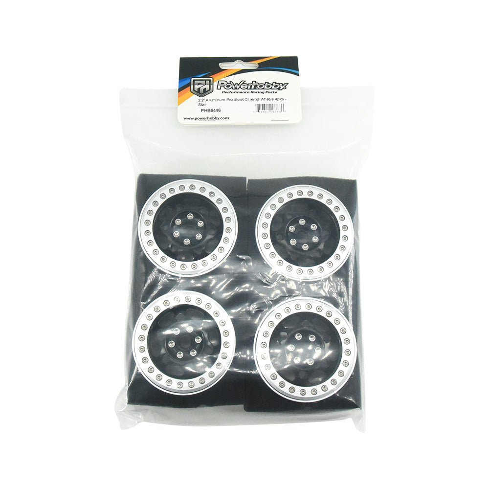 Powerhobby Aluminum 2.2" Beadlock Wheels Black Star (4) 1/10 Rock Crawler - PowerHobby