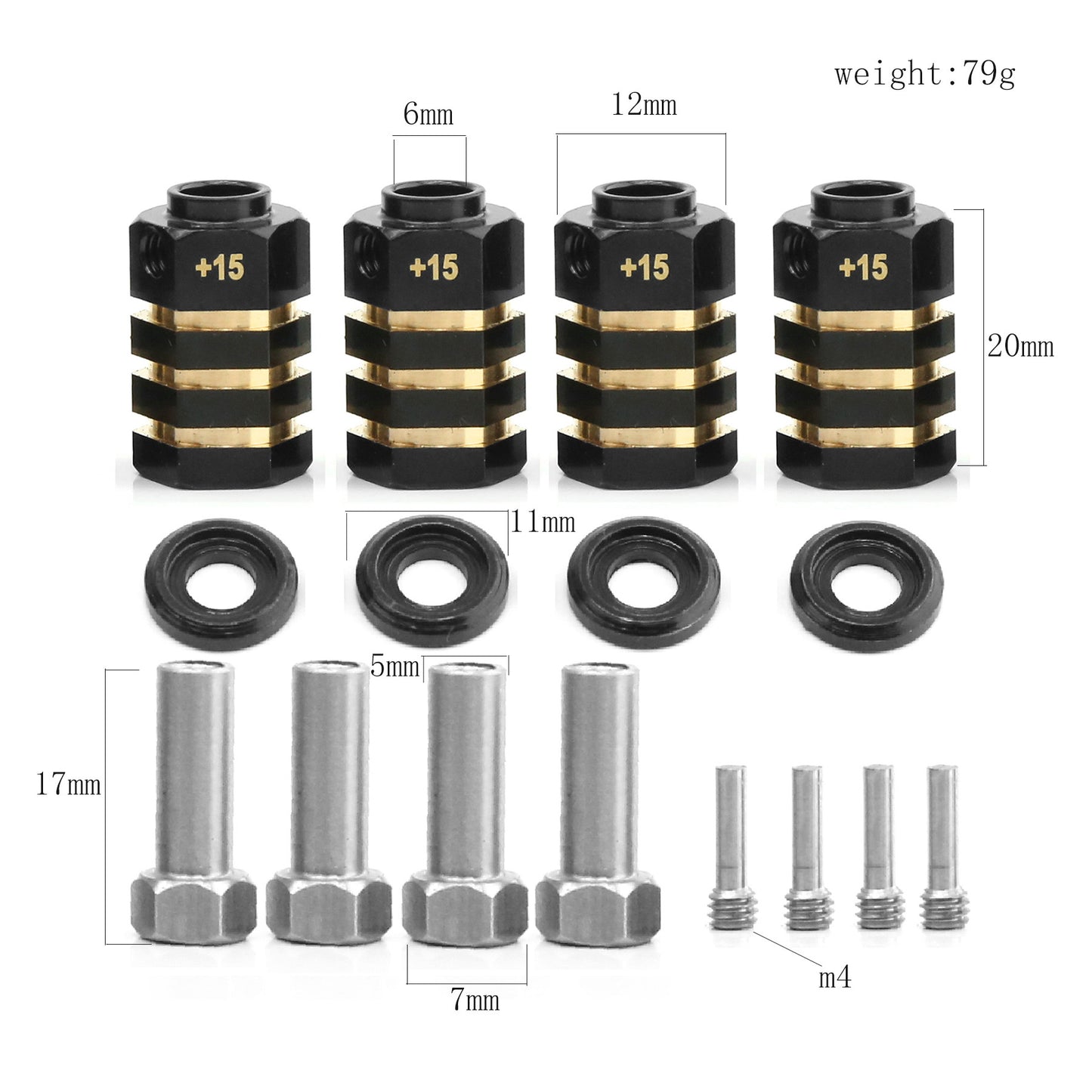 Powerhobby Brass 12mm Hex Hub Extenders +15MM w Nuts FOR Traxxas TRX-4