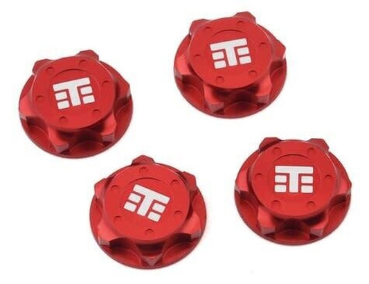 Tekno RC TKR5116BR Wheel Nuts (T Logo 17mm serrated red ano M12x1.0 4 pieces) - PowerHobby