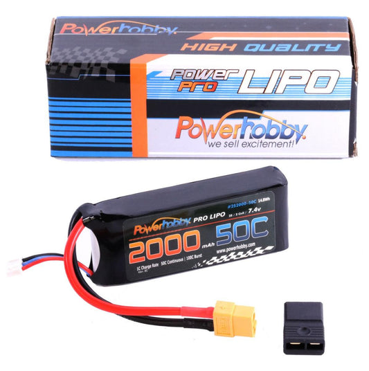 Powerhobby 2s 7.4v 2000mah 50c Lipo Battery w XT60 + Adapter - PowerHobby