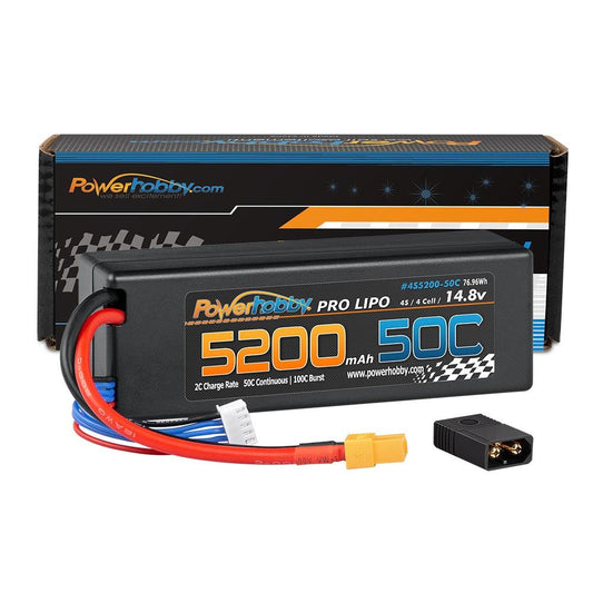 Powerhobby 4s 14.8v 5200mah 50c Lipo Battery w XT60 + Adapter Plug Hard Case LCG - PowerHobby