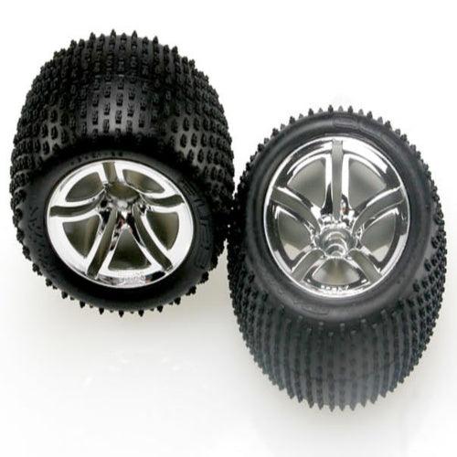 Traxxas 5572R Mounted Rear Tires/Wheels (2) Nitro Rustler/Stampede - PowerHobby