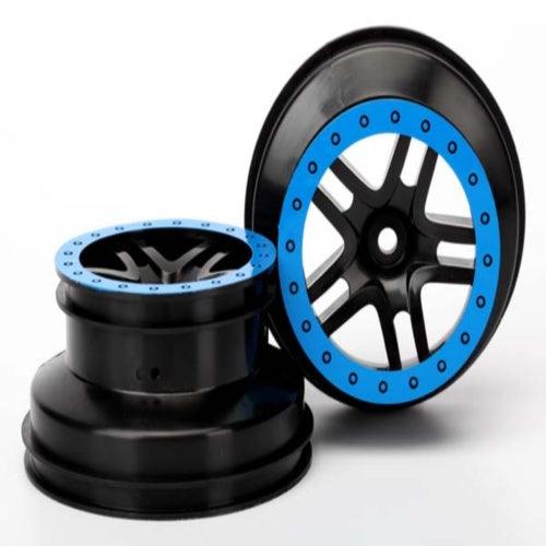 Traxxas 5886A 2.2/3.0 Split-Spoke SCT Front Wheels Black w/Blue (2) - PowerHobby