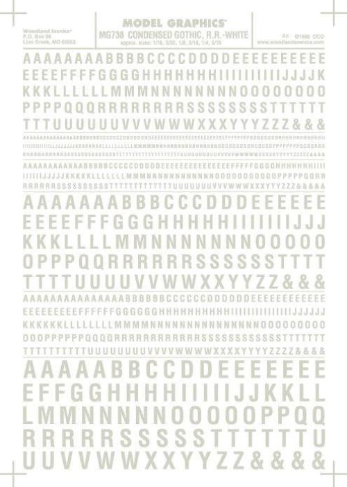 Woodland Scenics MG738 Cond Gothic RR Letters Wht 1/16-5/16" Train Decal Sheet - PowerHobby