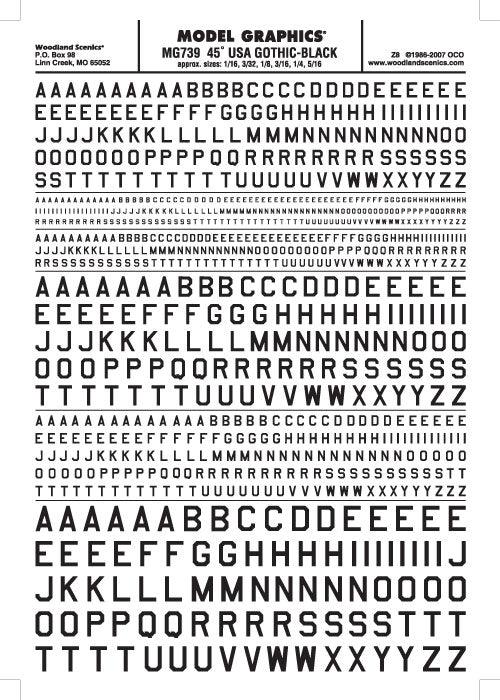 Woodland Scenics MG739 45 Deg USA Gothic Letter Blk 1/16-5/16 Train Decal Sheet - PowerHobby