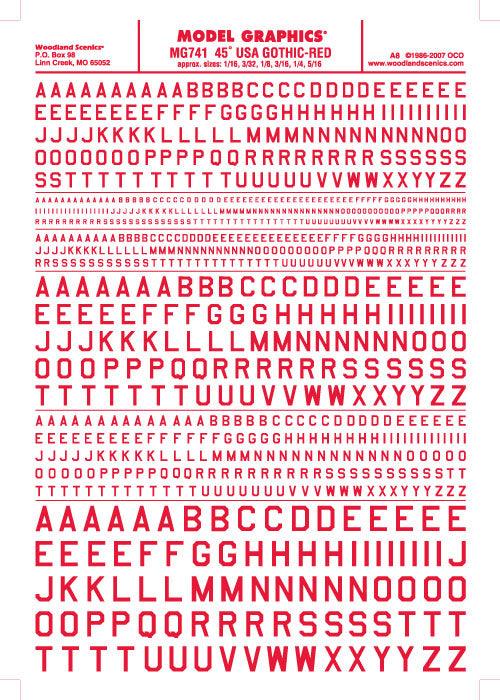 Woodland Scenics MG741 45 Deg USA Gothic Letter Red 1/16-5/16 Train Decal Sheet - PowerHobby