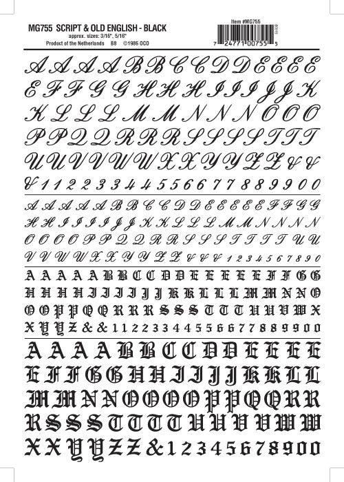 Woodland Scenics MG755 Script/Old Eng Ltr/Num Blk 3/16,5/16"Train Decal Sheet - PowerHobby