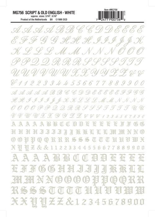 Woodland Scenics MG756 Script/Old Eng Ltr/Num Wht 3/16,5/16"Train Decal Sheet - PowerHobby