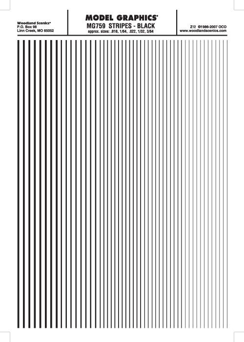 Woodland Scenics MG759 Stripes Black .010 - 3/64" Train Decal Sheet - PowerHobby