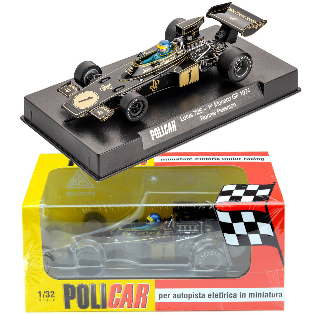 Policar Lotus 72E #1 JPS Monaco GP 1974 Winner Ronnie Peterson Slot Car - PowerHobby