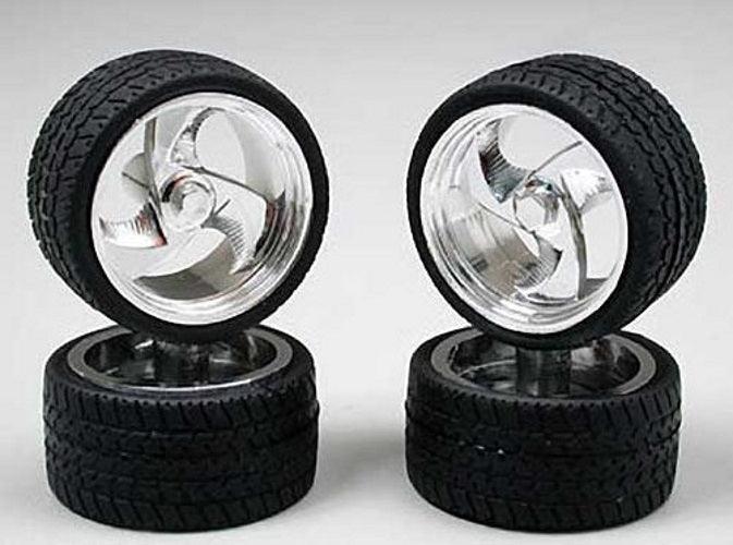 Pegasus Hobbies 1202 Tri Blade Chrome Rims/Tires Plastic Model (4) - PowerHobby