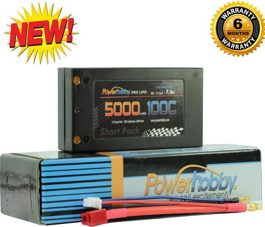 PowerHobby 2S 7.4V 5000mAh 100C Shorty Lipo Battery w 4mm Bullet Connectors - PowerHobby