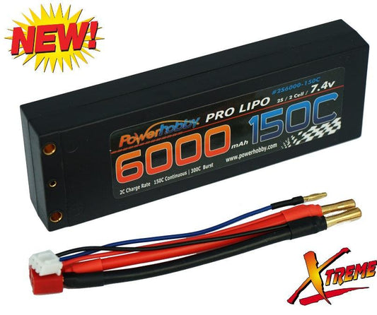 Powerhobby XTREME 2S 7.4V 6000mAh 150C-300C Lipo Battery w Bullet Deans 2-Cell - PowerHobby