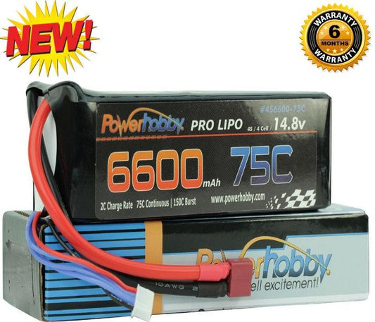 PowerHobby 4S 14.8V 6600mAh 75C-150C Lipo Battery Pack Deans Plug 4-Cell - PowerHobby