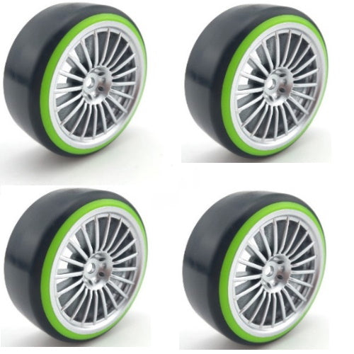 Powerhobby 1/10 Drift Car Slick Mounted Tires / Wheels (4) Green / Silver PY193 - PowerHobby