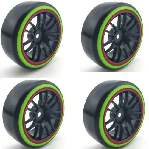 Powerhobby 1/10 Drift Car Slick Mounted Tires / Wheels (4) Green / Silver PY204 - PowerHobby