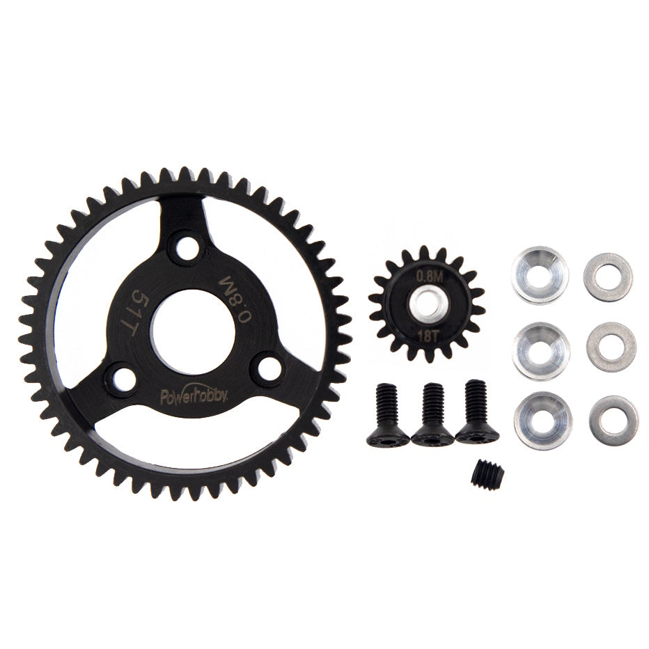 Powerhobby Hardened Steel 32P 51T 0.8M Spur Gear w 18T Pinion FOR Traxxas Slash 2WD - PowerHobby