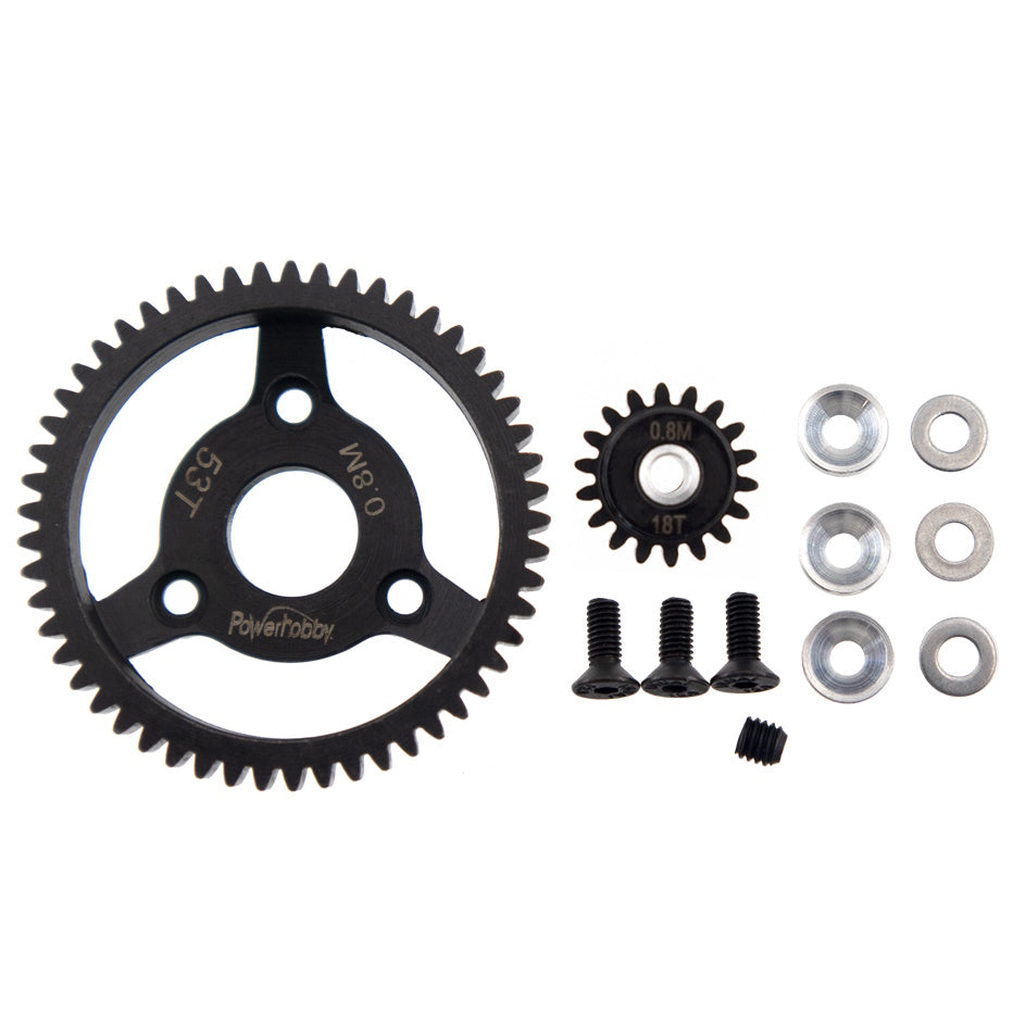 Powerhobby Hardened Steel 32P 53T 0.8M Spur Gear w 18T Pinion FOR Traxxas Slash 2WD - PowerHobby