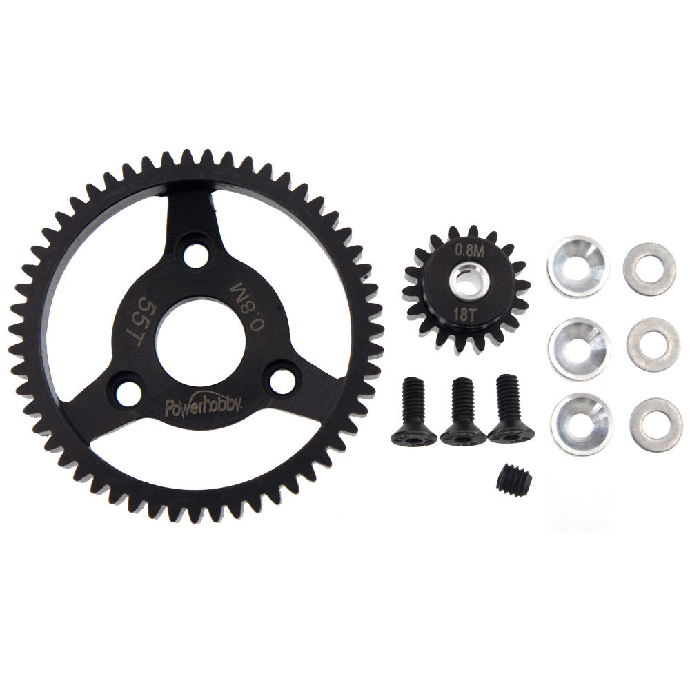 Powerhobby Hardened Steel 32P 55T 0.8M Spur Gear w 18T Pinion FOR Traxxas Slash 2WD - PowerHobby