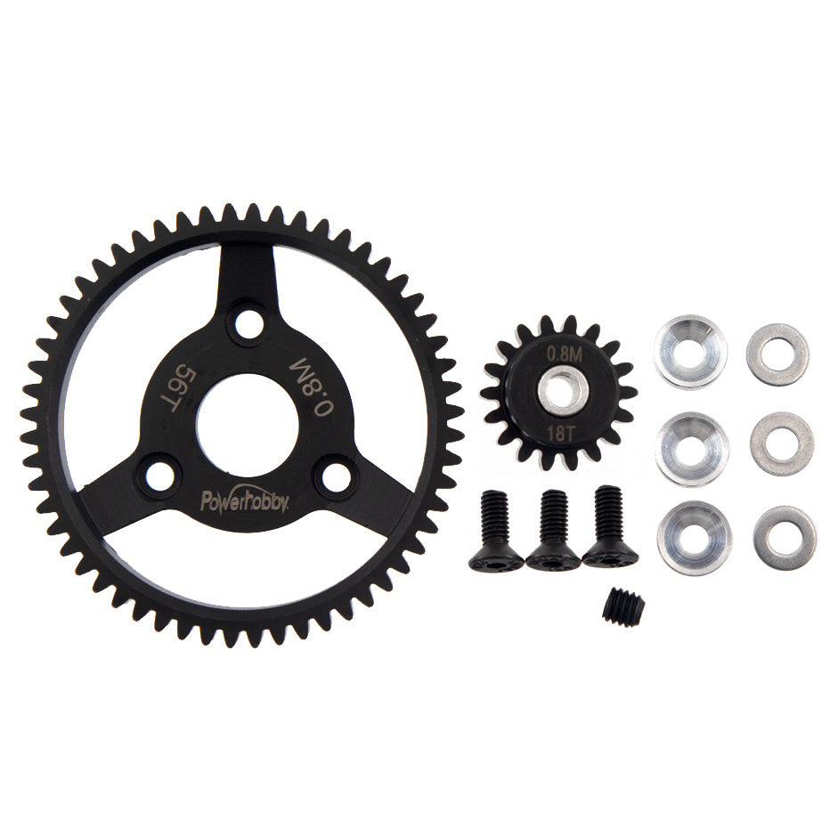 Powerhobby Hardened Steel 32P 56T 0.8M Spur Gear w 18T Pinion FOR Traxxas Slash 2WD - PowerHobby