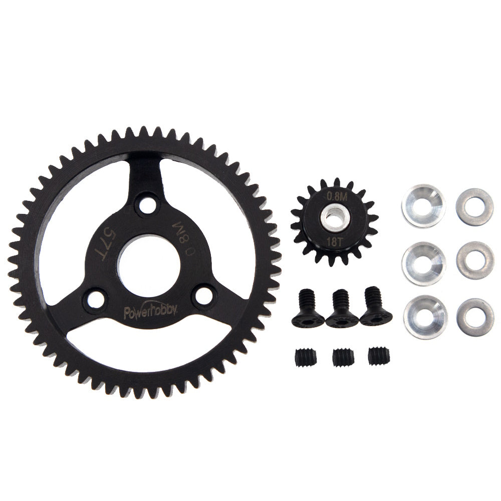 Powerhobby Hardened Steel 32P 57T 0.8M Spur Gear w 18T Pinion FOR Traxxas Slash 2WD - PowerHobby