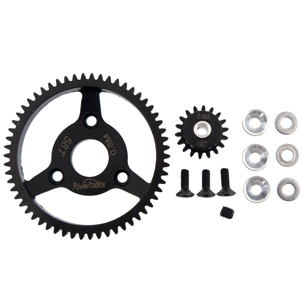 Powerhobby Hardened Steel 32P 58T 0.8M Spur Gear w 18T Pinion FOR Traxxas Slash 2WD - PowerHobby