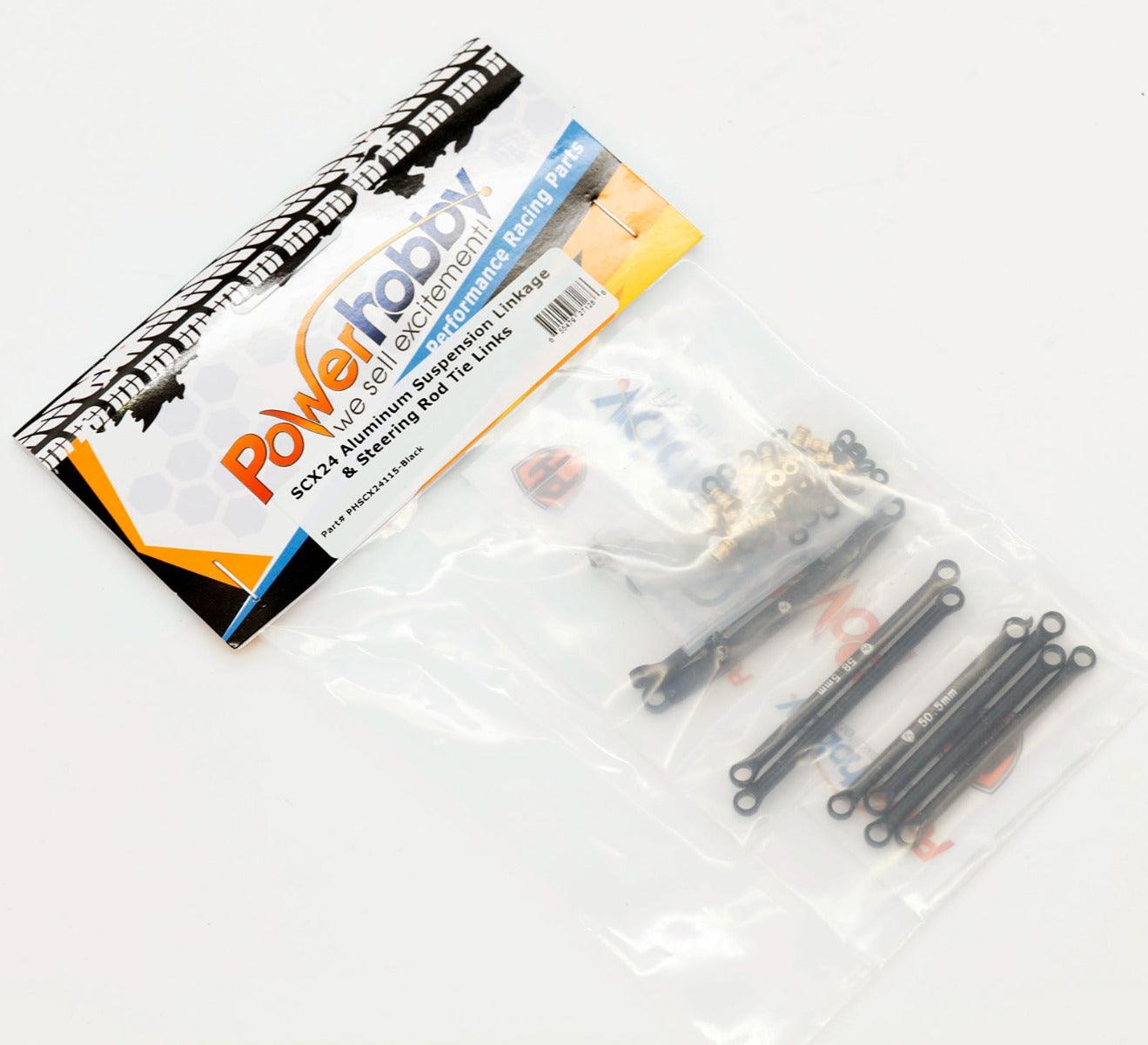 Powerhobby Aluminum Suspension Links Steering Rod Tie Set SCX24 C10 Jeep Black - PowerHobby