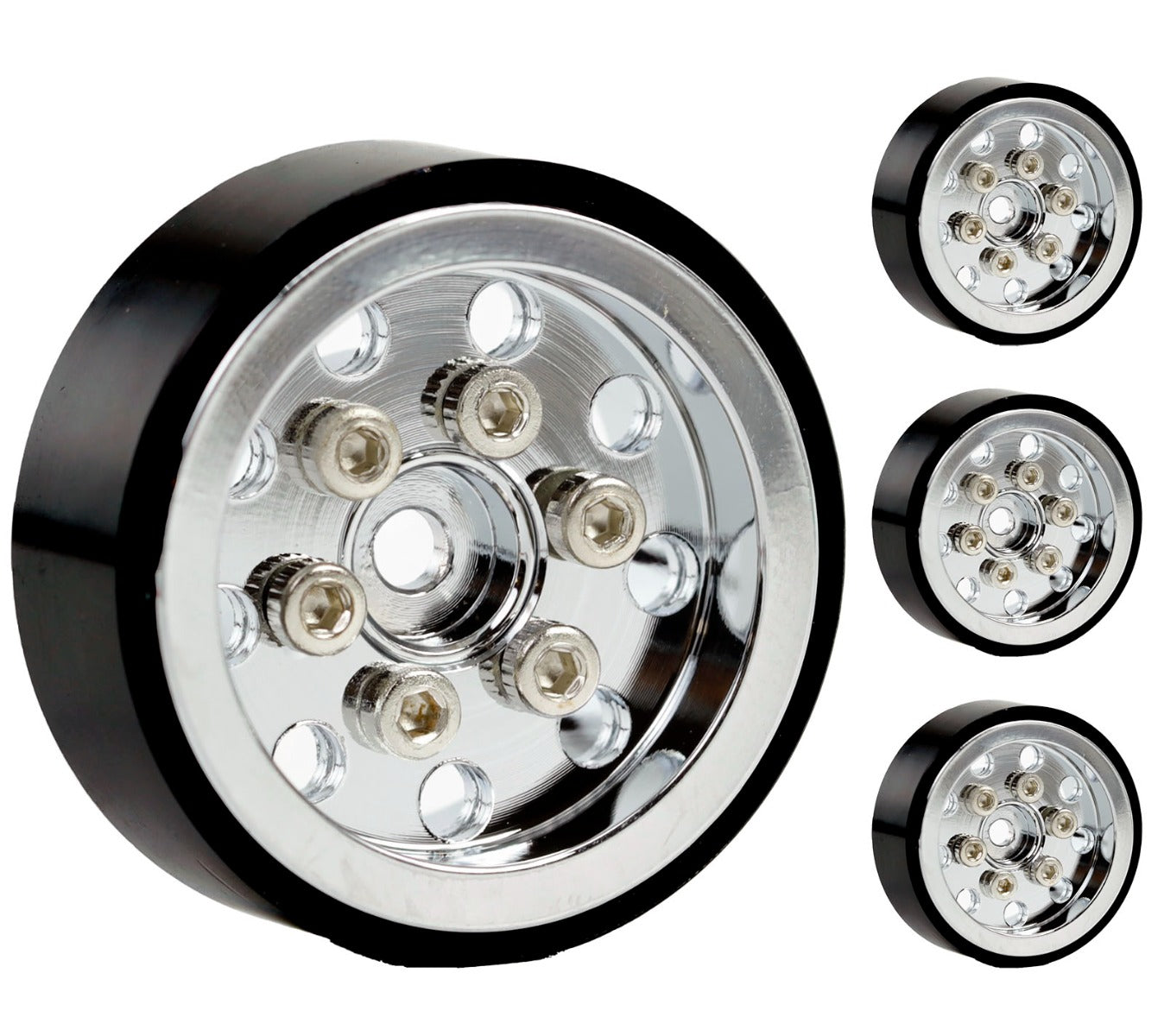 Powerhobby 1.0" SCX24 Aluminum Beadlock Wheels 1/24 C10 Jeep Bronco Chrome - PowerHobby