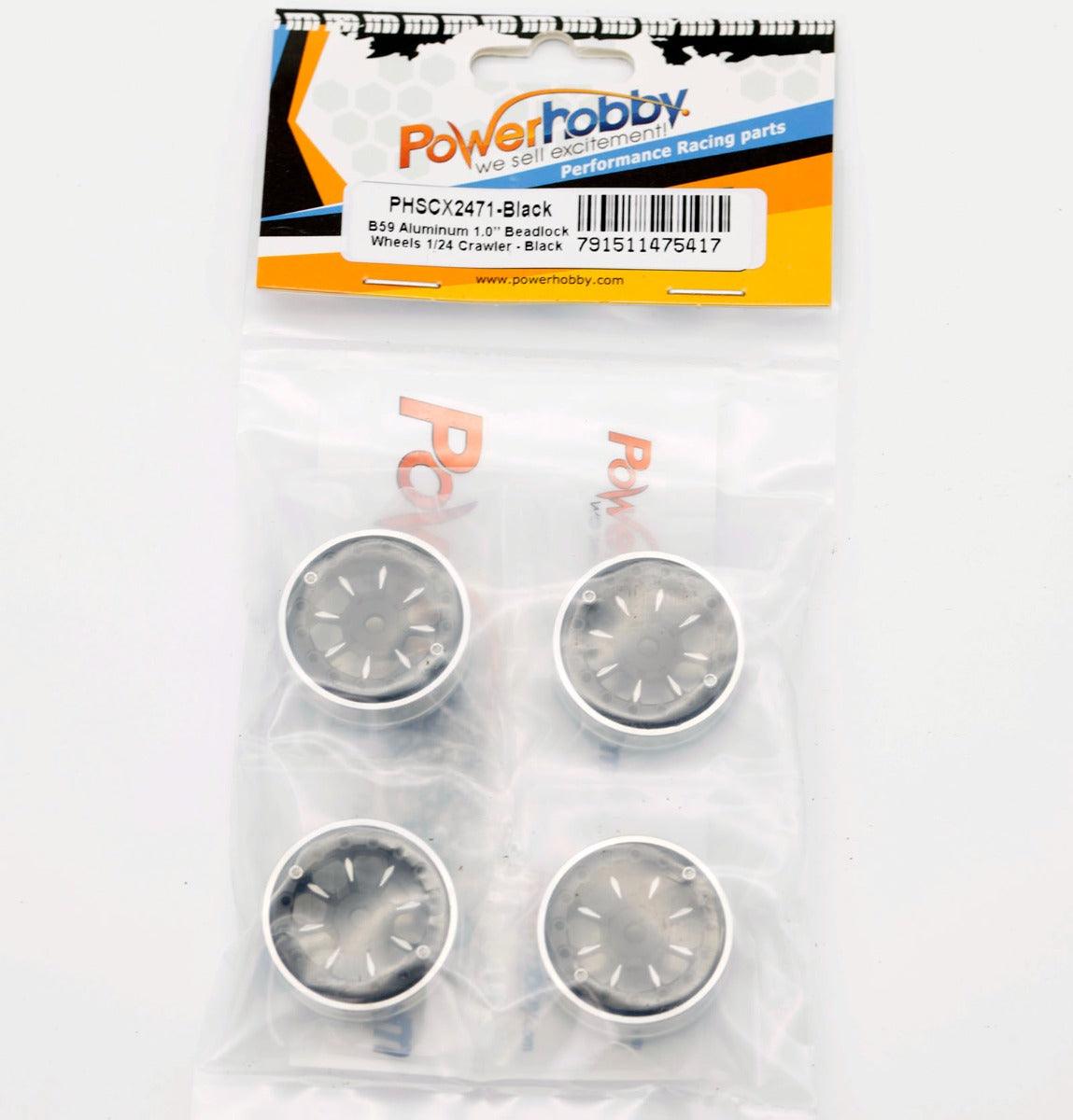 Powerhobby B59 Aluminum Beadlock 1.0” Rock Crawler Wheels Axial SCX24 Black - PowerHobby