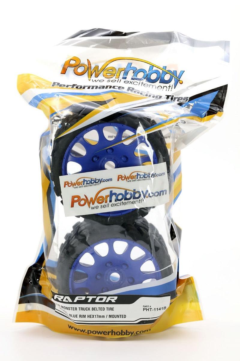 Powerhobby Raptor Belted Monster Truck Tires / Wheels w 17mm Hex (2) Sport BLUE - PowerHobby