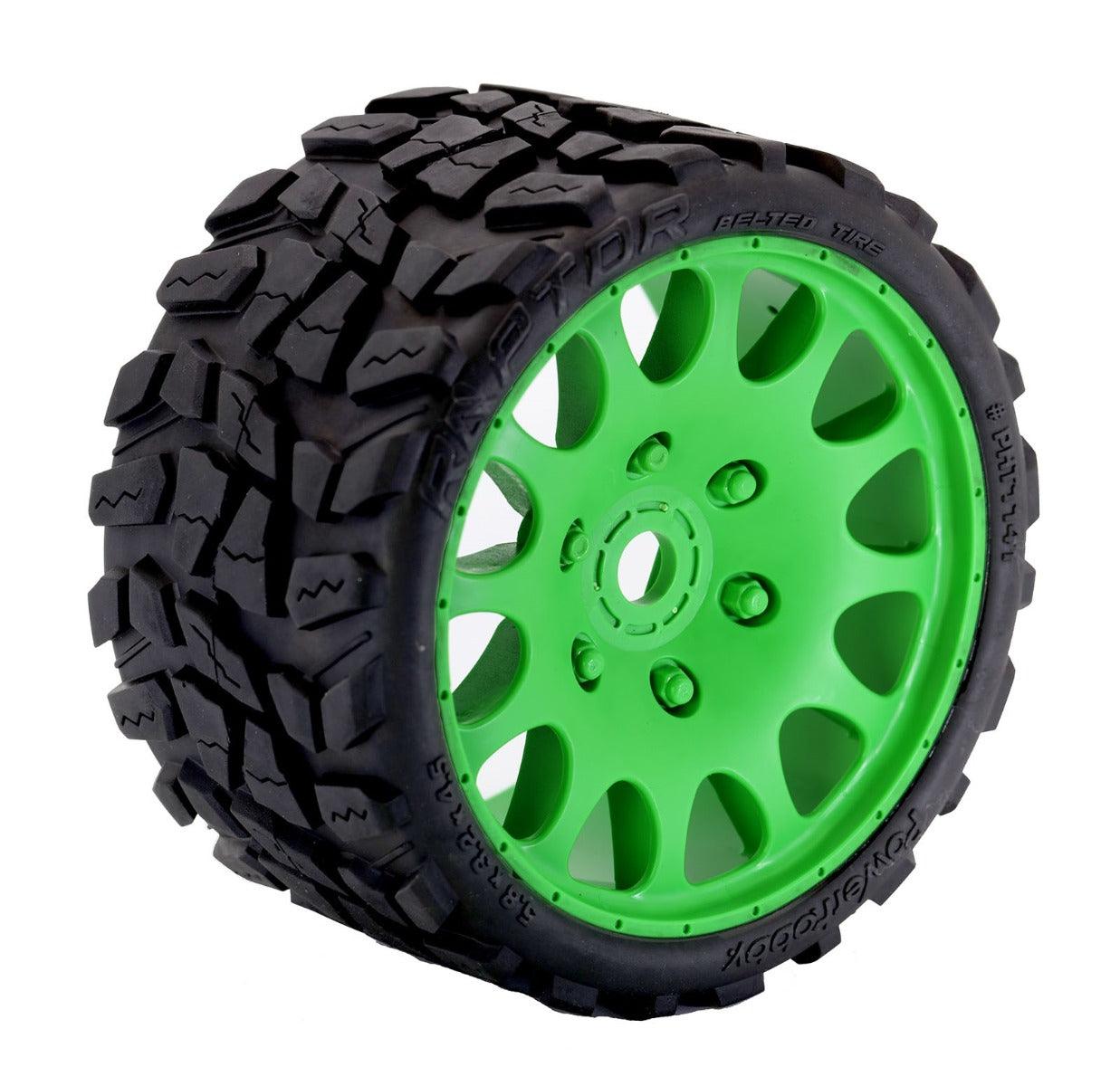 Powerhobby Raptor Belted Monster Truck Tires / Wheels w 17mm Hex (2) Sport GREEN - PowerHobby
