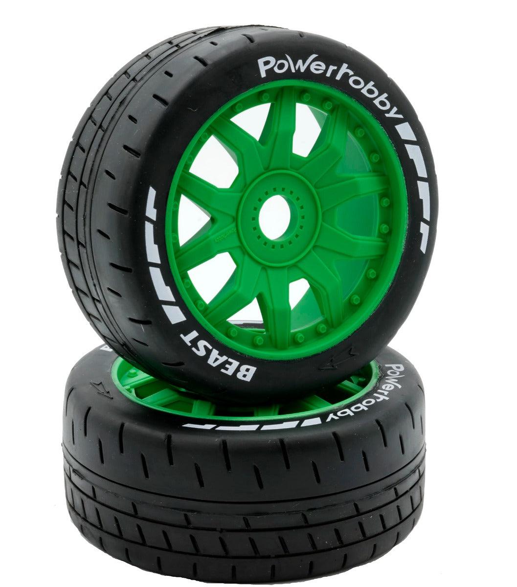 Powerhobby 1/8 GT Beast Belted Mounted Tires 17mm Soft Green Wheels - PowerHobby