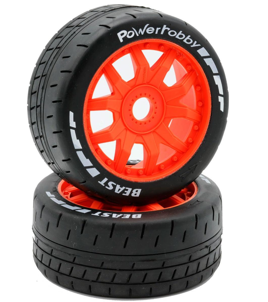 Powerhobby 1/8 GT Beast Belted Mounted Tires 17mm Soft Orange Wheels - PowerHobby