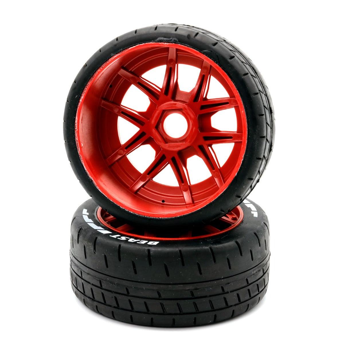 Powerhobby 1/8 GT Beast Belted Mounted Tires 17mm Medium Red Wheels - PowerHobby