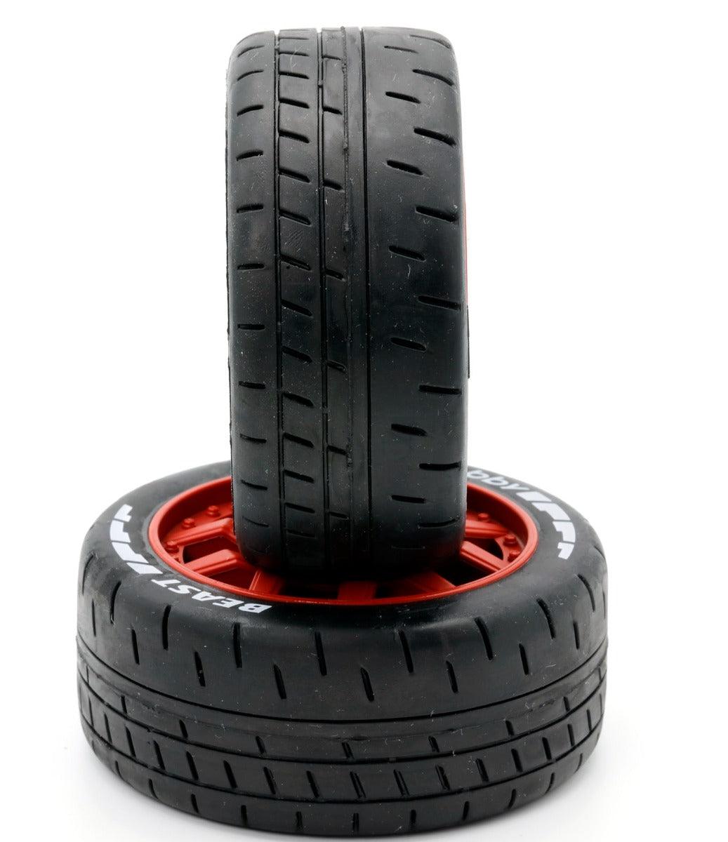 Powerhobby 1/8 GT Beast Belted Mounted Tires 17mm Soft Red Wheels - PowerHobby