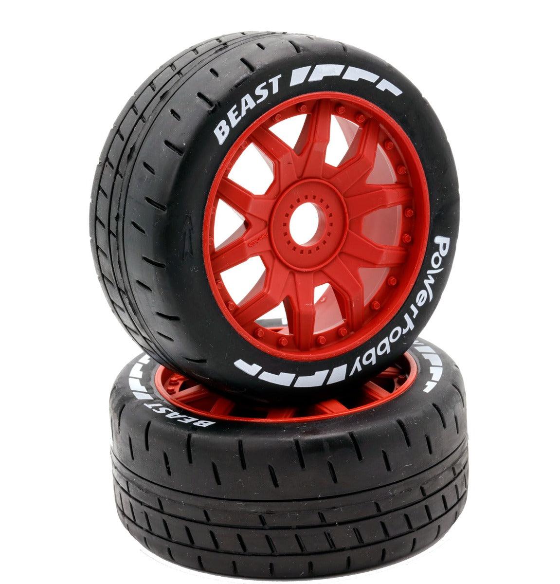 Powerhobby 1/8 GT Beast Belted Mounted Tires 17mm Soft Red Wheels - PowerHobby