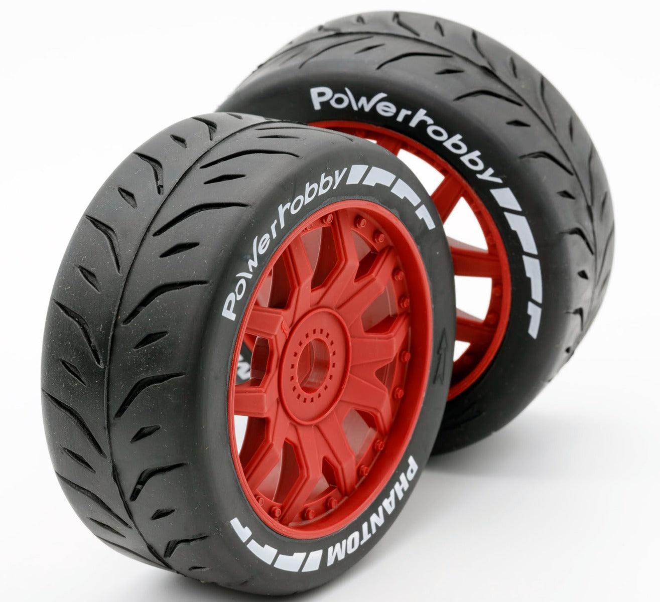 Powerhobby 1/8 GT Phantom Belted Mounted Tires 17mm Medium Red Wheels - PowerHobby