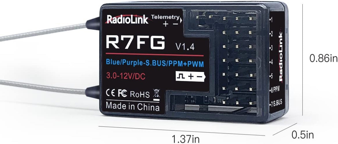 Radiolink 2.4Ghz R7FG 7 Channels Gyro Receiver w Voltage Telemetry Long Range Control - PowerHobby