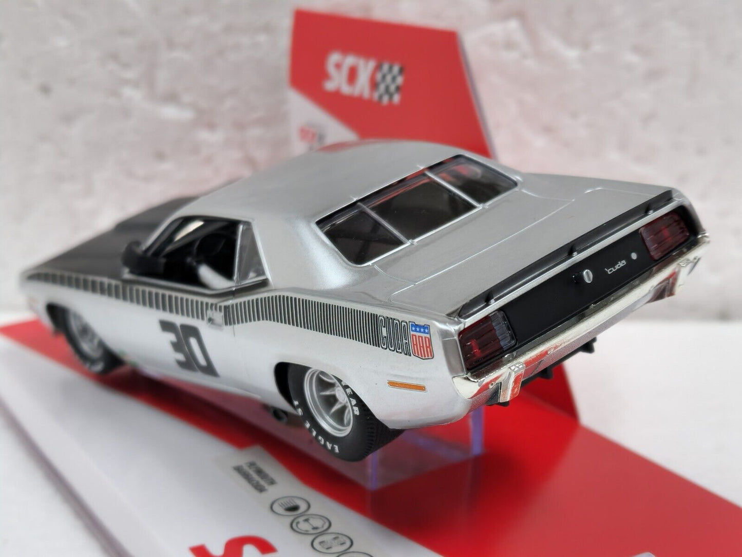 SCX AAR Plymouth Cuda Trans Am Silver for Scalextric Slot Car 1/32 - PowerHobby